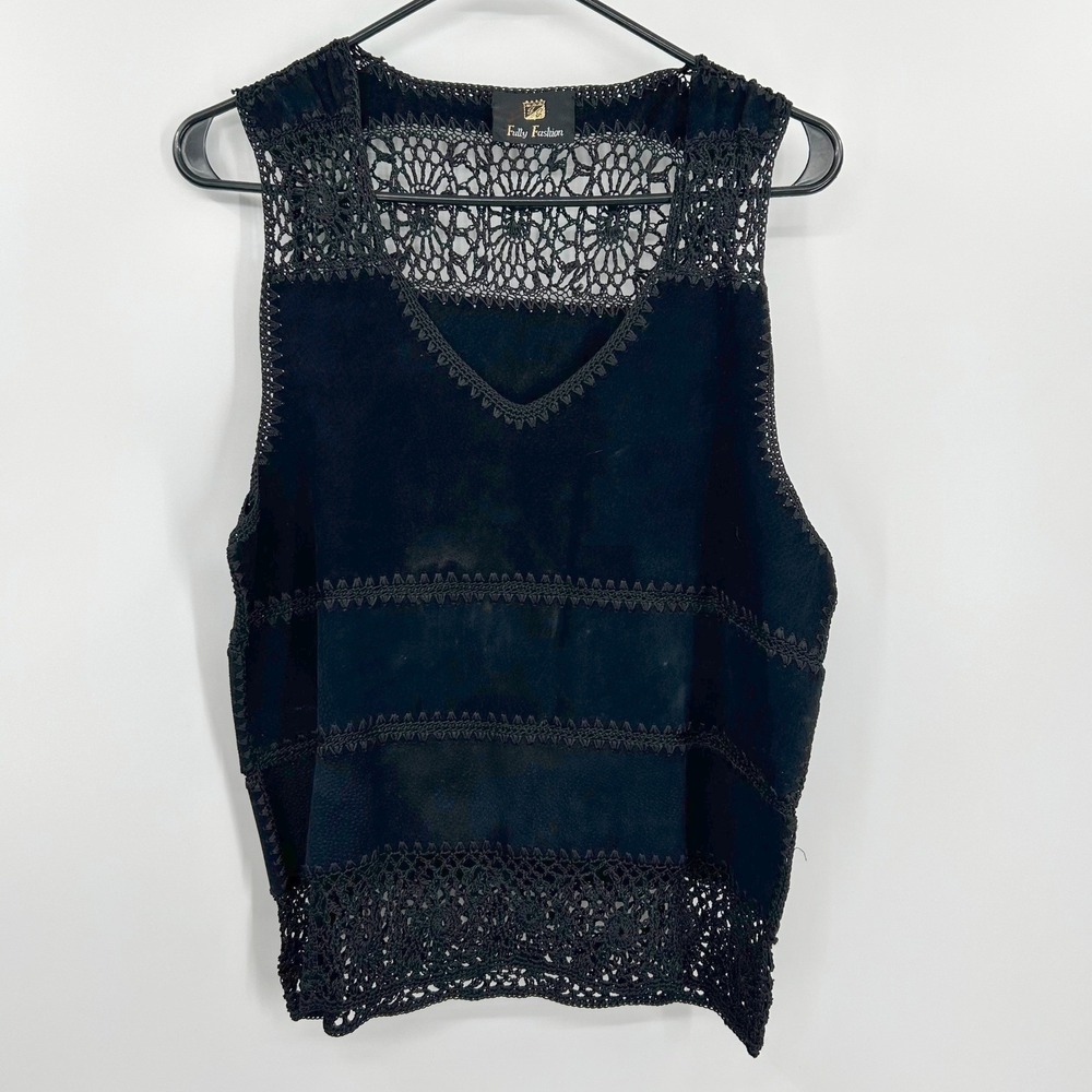 Fully Fashion Womens Black Suede Crochet Patchwork V-Neck Vest Boho Vintage 0615